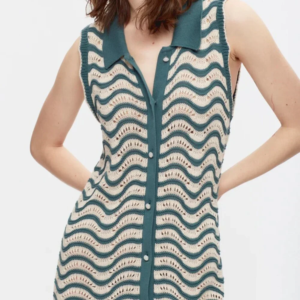 NWT Kotn Sabah Open Knit Striped Button Down Cotton Collared Dress - Picture 2 of 7